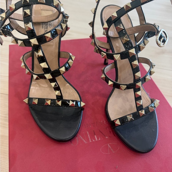 Valentino Shoes - Valentino Black Patent Rockstud Strappy Heels with Gold Studs
